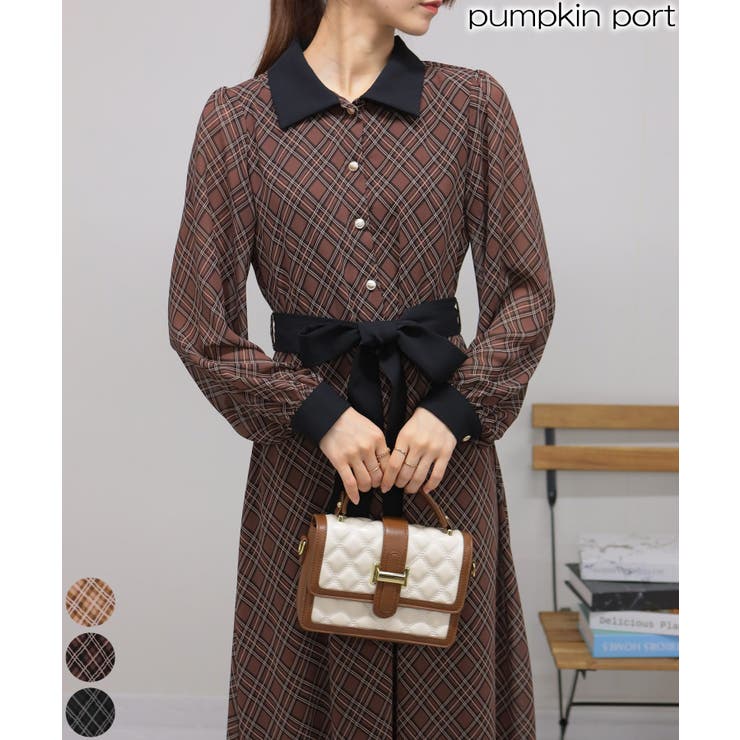 バイアスチェック ウエストリボンベルト付 クレリック ロング