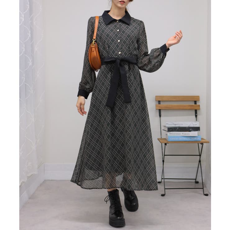 バイアスチェック ウエストリボンベルト付 クレリック ロング