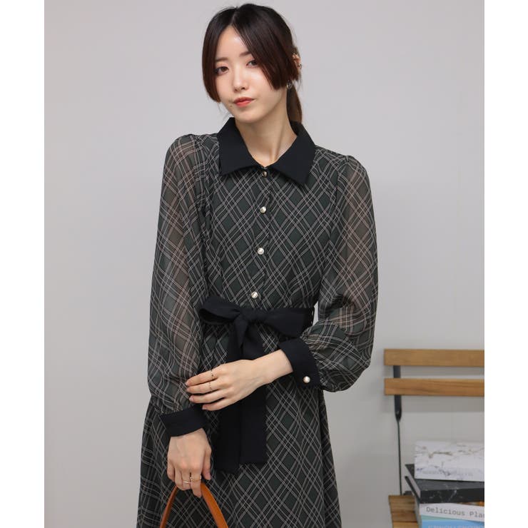 バイアスチェック ウエストリボンベルト付 クレリック ロング