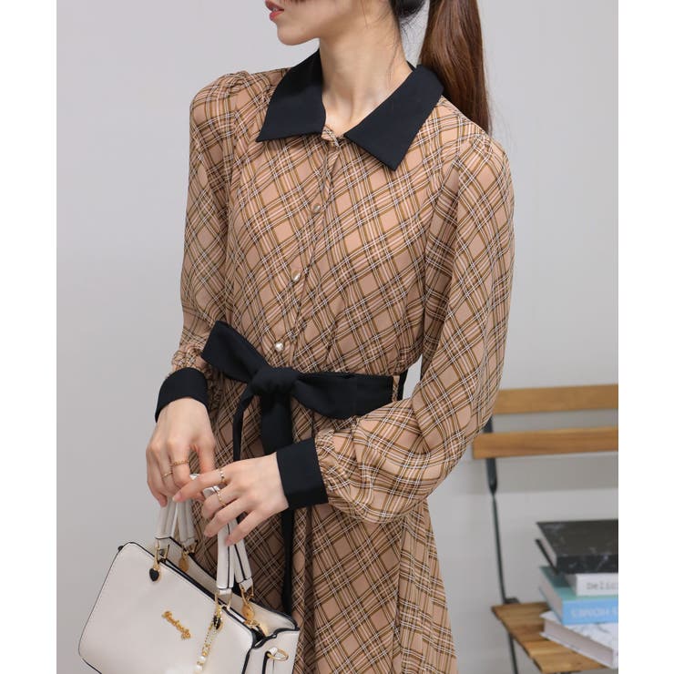 バイアスチェック ウエストリボンベルト付 クレリック ロング