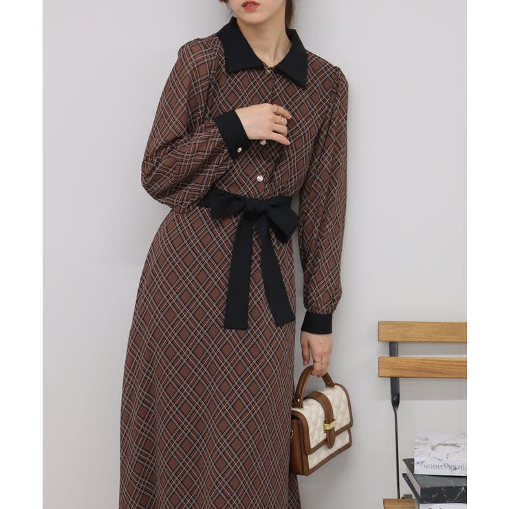 バイアスチェック ウエストリボンベルト付 クレリック ロング