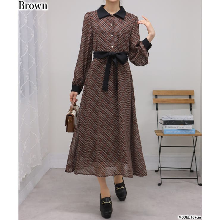 バイアスチェック ウエストリボンベルト付 クレリック ロング