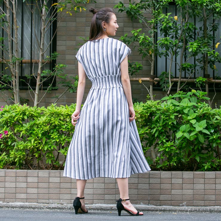 【美品】フォクシーブティック ストライプ カシュクールワンピース コットン 綿 ストライプカシュクールタックワンピース-short & regular | 小柄・低