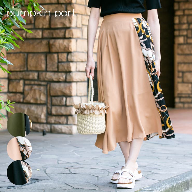 ポリエステルガーゼ+スカーフ柄サイドプリーツロングスカート[品番