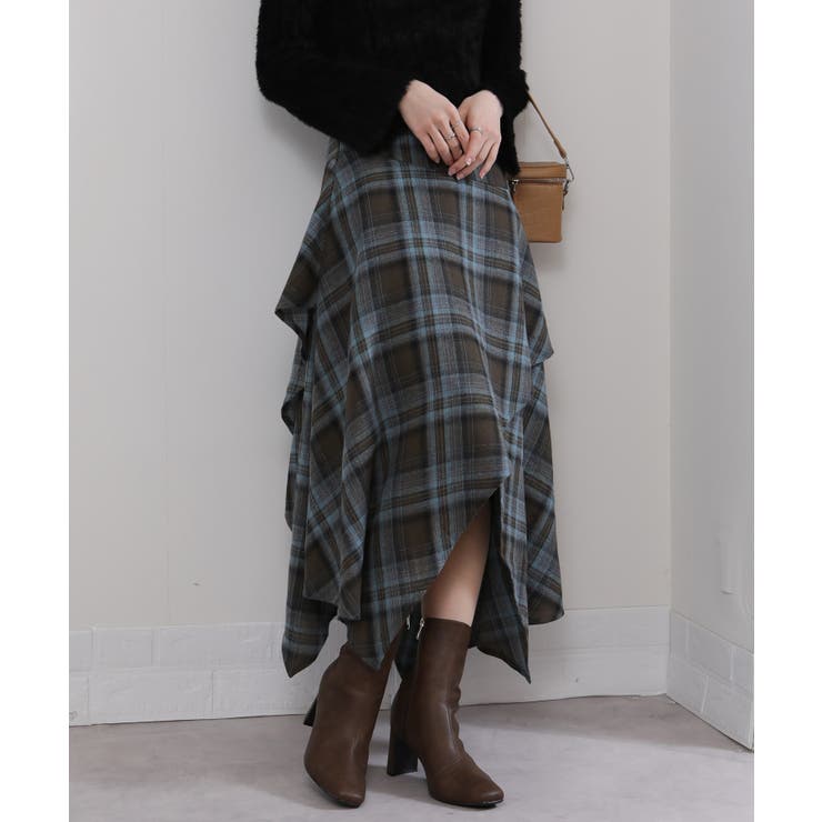 イレギュラーシルエット ネル チェック柄ロングスカート | Pumpkin  Port | 詳細画像14 