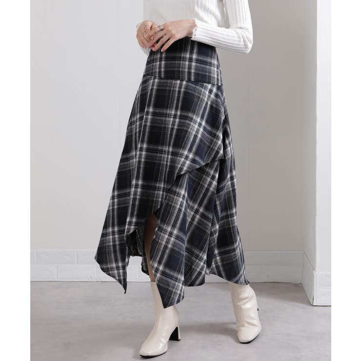 イレギュラーシルエット ネル チェック柄ロングスカート | Pumpkin  Port | 詳細画像2 