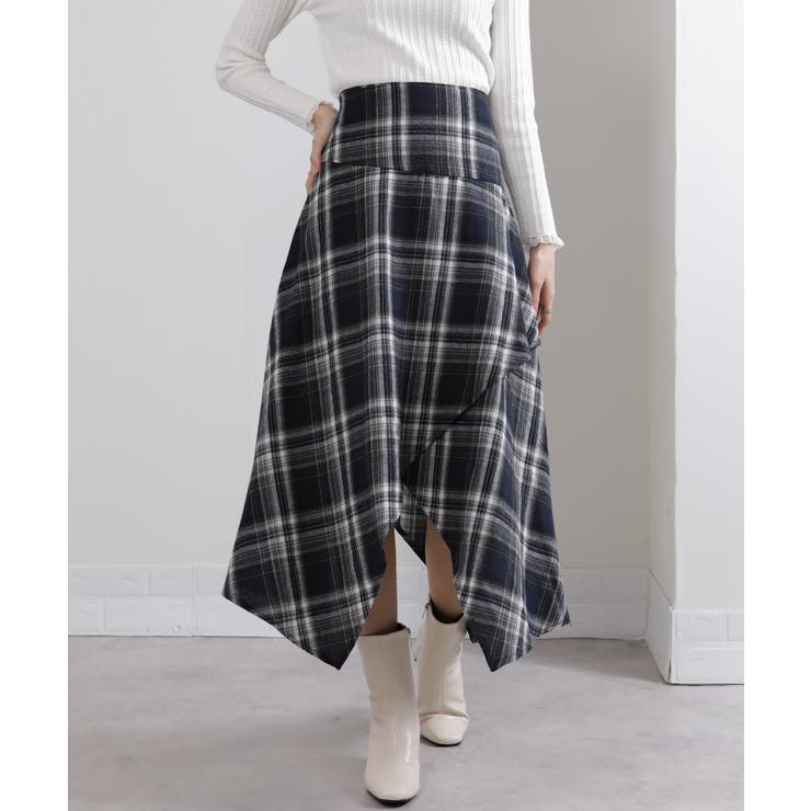 イレギュラーシルエット ネル チェック柄ロングスカート | Pumpkin  Port | 詳細画像4 