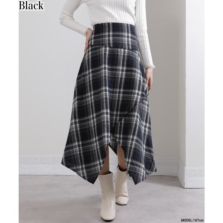 ブラック | イレギュラーシルエット ネル チェック柄ロングスカート | Pumpkin  Port
