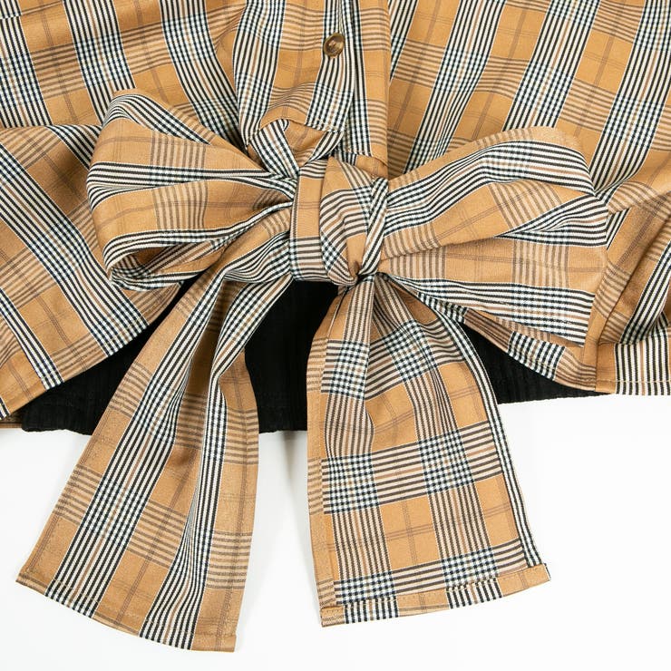 チェックプチハイネック ドッキングオフショルダー前結び長袖ブラウス | Pumpkin  Port | 詳細画像12 