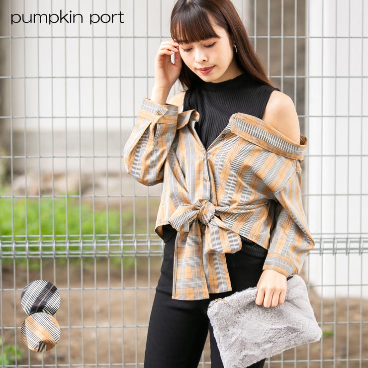 チェックプチハイネック ドッキングオフショルダー前結び長袖ブラウス | Pumpkin  Port | 詳細画像1 