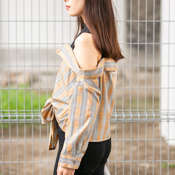 チェックプチハイネック ドッキングオフショルダー前結び長袖ブラウス | Pumpkin  Port | 詳細画像2 