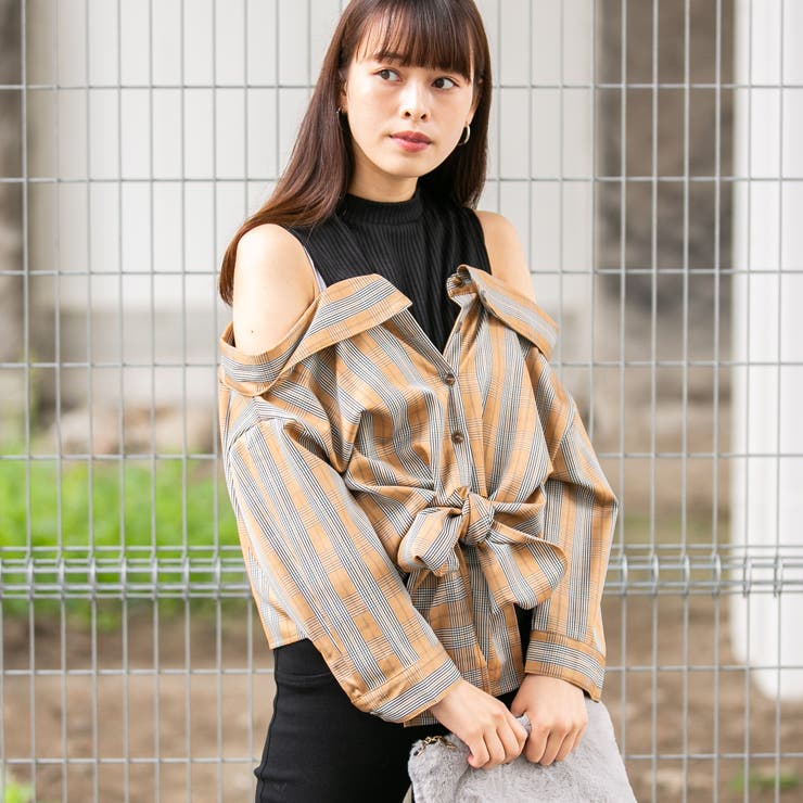 ベージュ | チェックプチハイネック ドッキングオフショルダー前結び長袖ブラウス | Pumpkin  Port