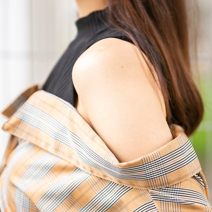 チェックプチハイネック ドッキングオフショルダー前結び長袖ブラウス | Pumpkin  Port | 詳細画像5 