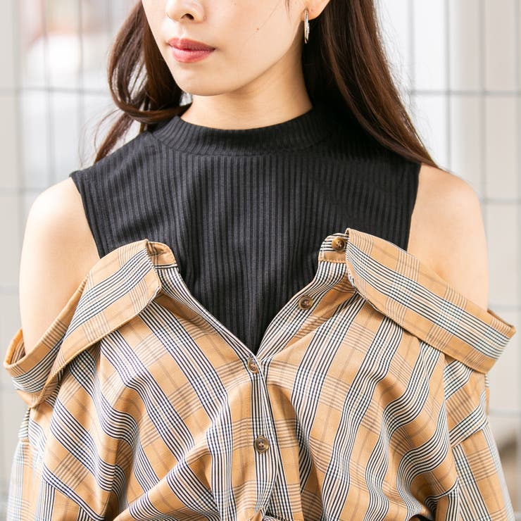 チェックプチハイネック ドッキングオフショルダー前結び長袖ブラウス | Pumpkin  Port | 詳細画像6 