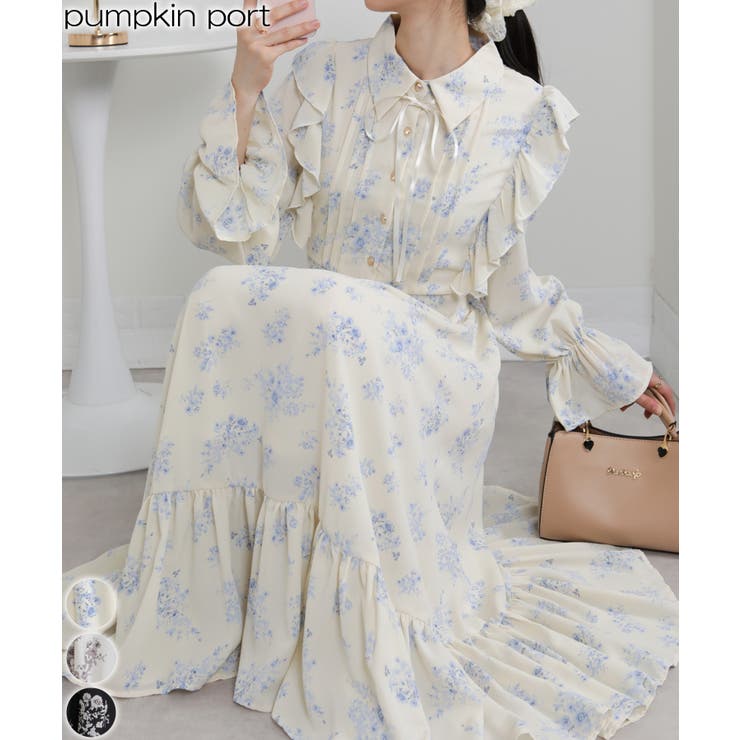 フリルデザイン リボン付き ティアード切替ロングワンピース | Pumpkin  Port | 詳細画像1 