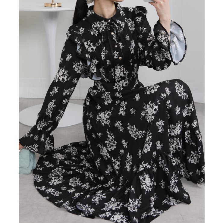 フリルデザイン リボン付き ティアード切替ロングワンピース | Pumpkin  Port | 詳細画像13 