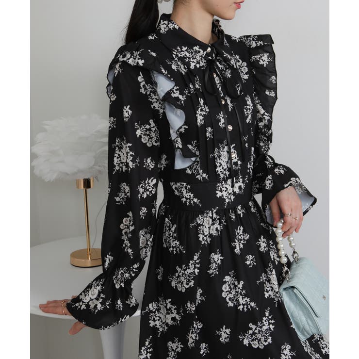 フリルデザイン リボン付き ティアード切替ロングワンピース | Pumpkin  Port | 詳細画像16 