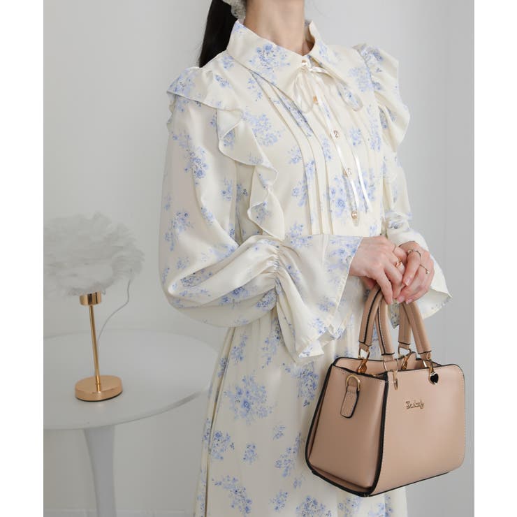 フリルデザイン リボン付き ティアード切替ロングワンピース | Pumpkin  Port | 詳細画像3 