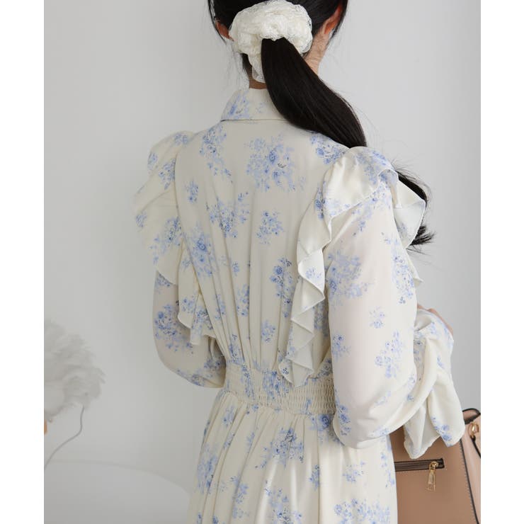 フリルデザイン リボン付き ティアード切替ロングワンピース | Pumpkin  Port | 詳細画像4 