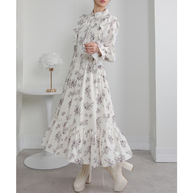 フリルデザイン リボン付き ティアード切替ロングワンピース | Pumpkin  Port | 詳細画像5 