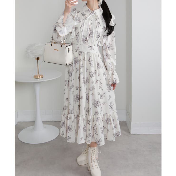 フリルデザイン リボン付き ティアード切替ロングワンピース | Pumpkin  Port | 詳細画像6 