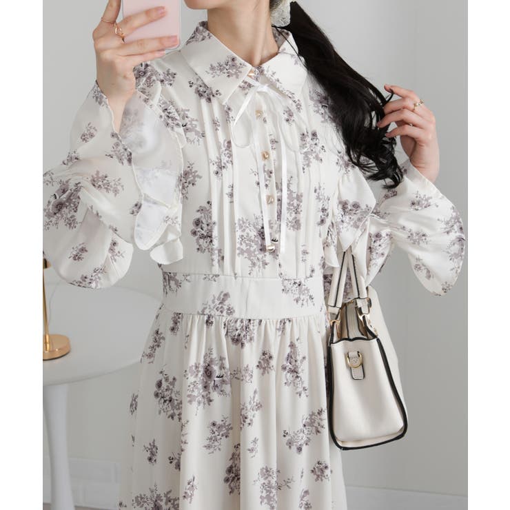 フリルデザイン リボン付き ティアード切替ロングワンピース | Pumpkin  Port | 詳細画像7 