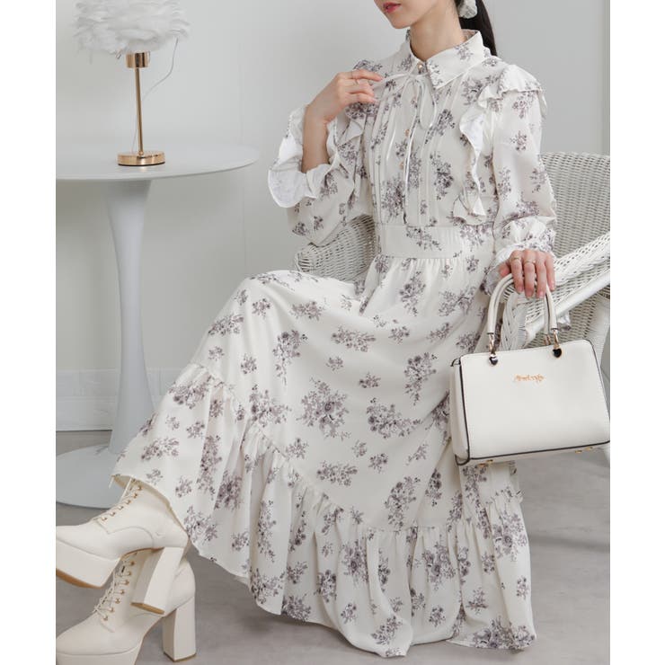 フリルデザイン リボン付き ティアード切替ロングワンピース | Pumpkin  Port | 詳細画像9 