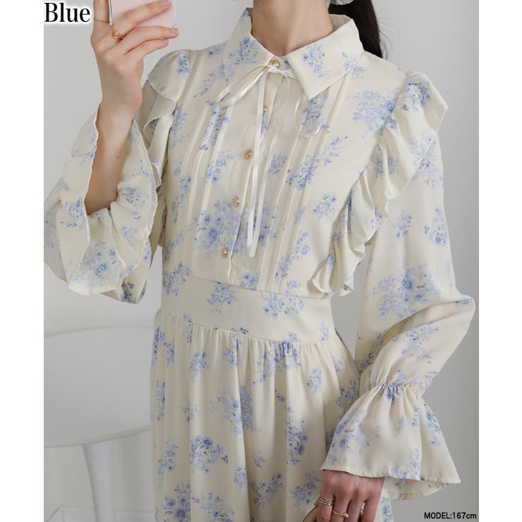 ブルー | フリルデザイン リボン付き ティアード切替ロングワンピース | Pumpkin  Port