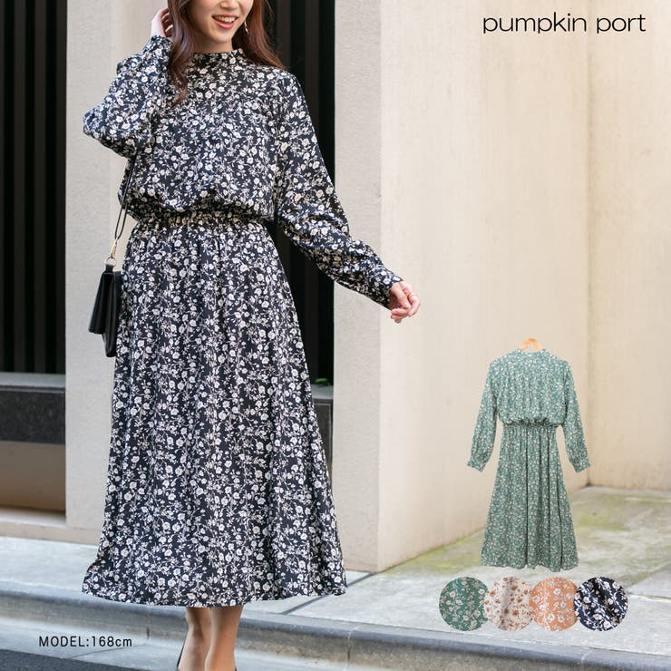デシン花柄 プチハイネックフロントギャザー入りロング長袖ワンピース | Pumpkin  Port | 詳細画像1 