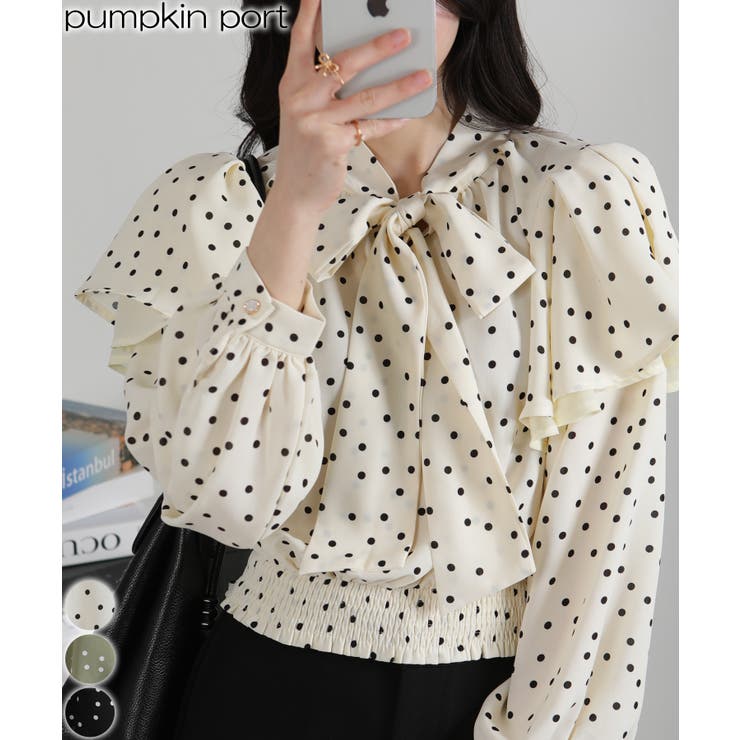 ドット柄 リボンタイ 2枚フリル 長袖ブラウス | Pumpkin  Port | 詳細画像1 