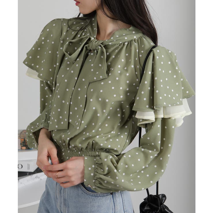 ドット柄 リボンタイ 2枚フリル 長袖ブラウス | Pumpkin  Port | 詳細画像8 