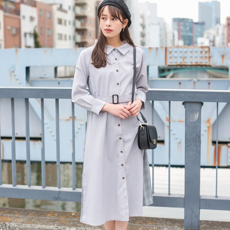 無地+チェック 2WAYオフショルダーロングシャツワンピース[品番