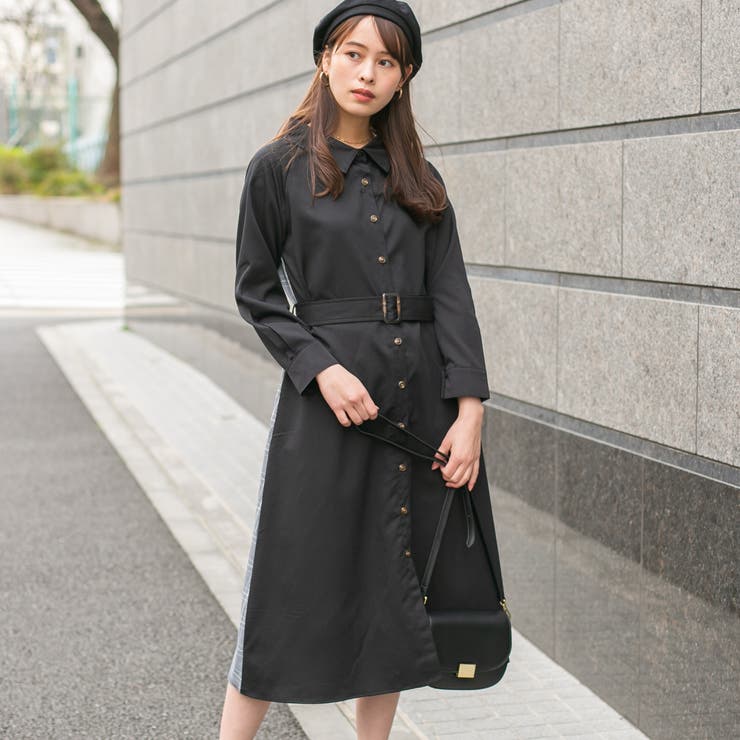 無地+チェック 2WAYオフショルダーロングシャツワンピース[品番