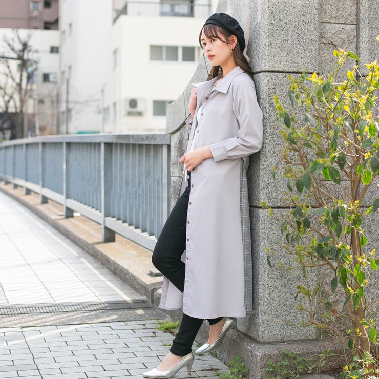 無地+チェック 2WAYオフショルダーロングシャツワンピース[品番