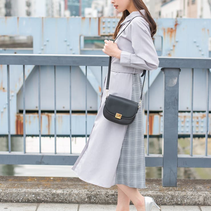 無地+チェック 2WAYオフショルダーロングシャツワンピース[品番