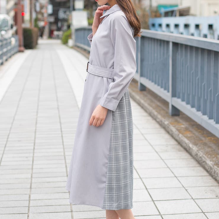 無地+チェック 2WAYオフショルダーロングシャツワンピース[品番