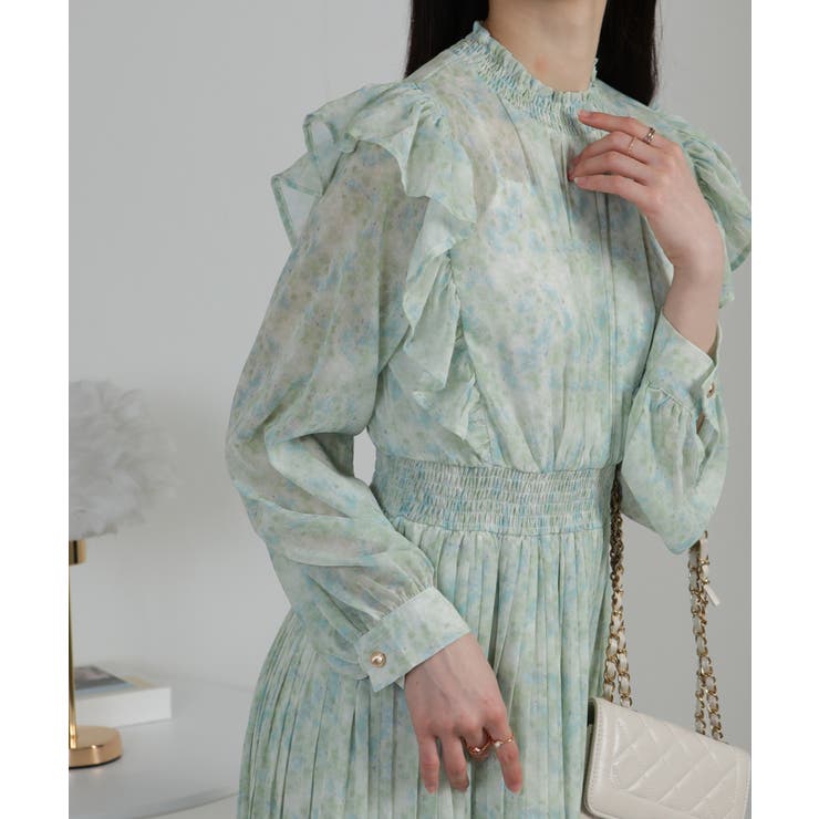 水彩柄 フリルデザイン 消しプリーツ ワンピース | Pumpkin  Port | 詳細画像12 