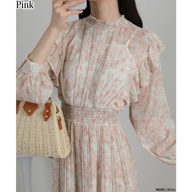 ピンク | 水彩柄 フリルデザイン 消しプリーツ ワンピース | Pumpkin  Port