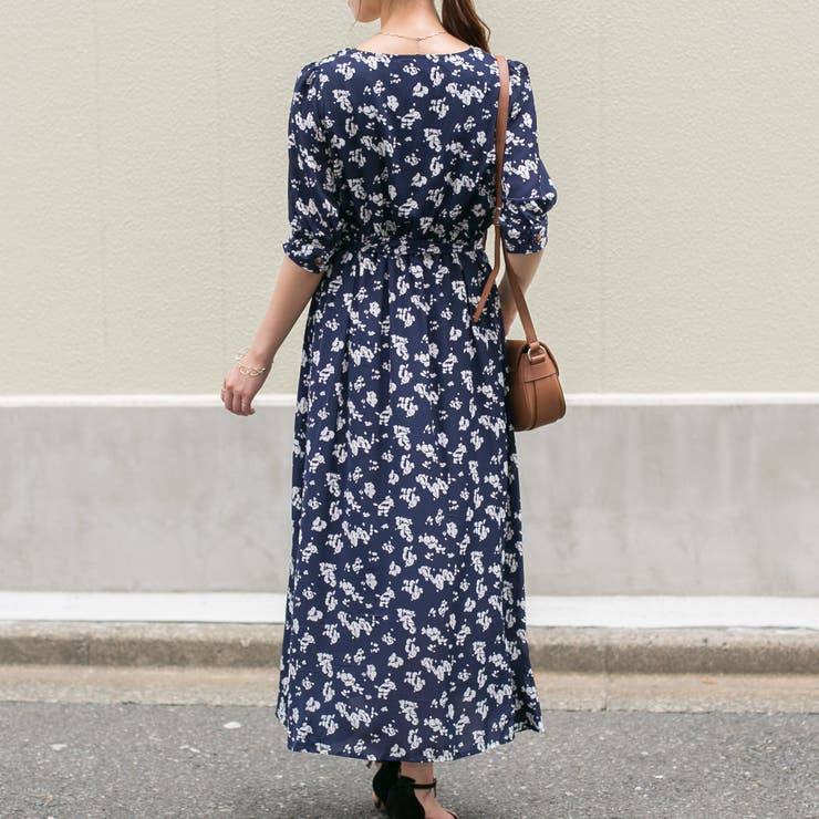 花柄 共生地リボンベルト付きVネック マキシワンピース[品番