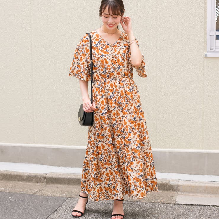 花柄 フレアー袖 ガウン 前開き マキシワンピース 品番 Ppnw Pumpkin Port パンプキンポート のレディースファッション通販 Shoplist ショップリスト