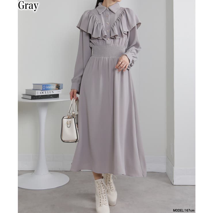グレー | ボリュームフリル ゴールドボタン ハイウエスト ワンピース | Pumpkin  Port