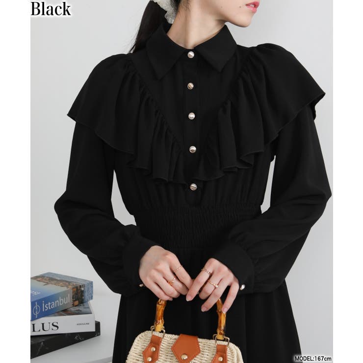 ブラック | ボリュームフリル ゴールドボタン ハイウエスト ワンピース | Pumpkin  Port