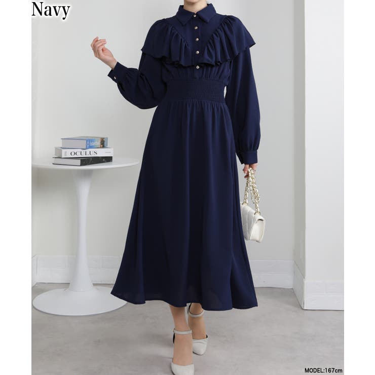 ネイビー | ボリュームフリル ゴールドボタン ハイウエスト ワンピース | Pumpkin  Port