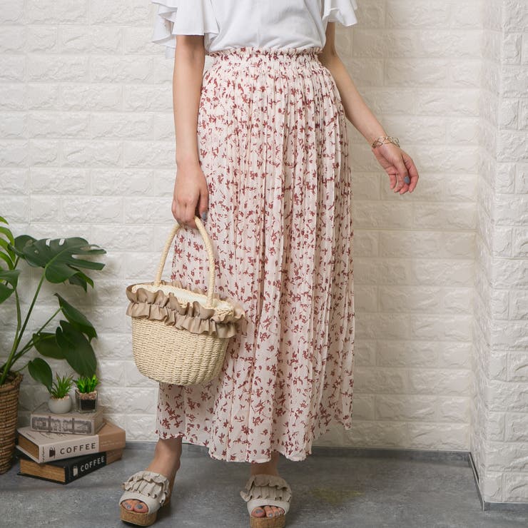 シフォン単色花柄 ロング消しプリーツスカート[品番：PPNW0001785