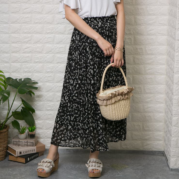 シフォン単色花柄 ロング消しプリーツスカート[品番：PPNW0001785