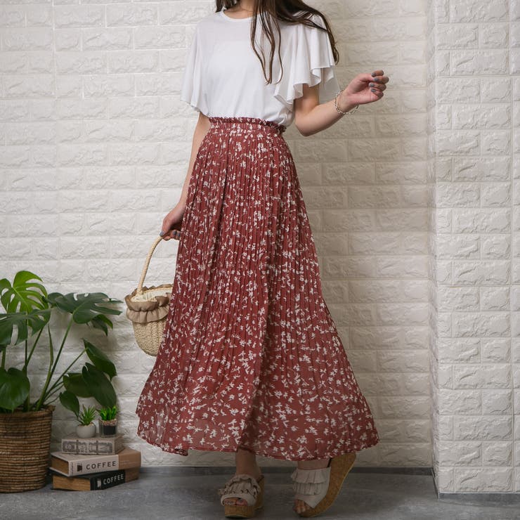 シフォン単色花柄 ロング消しプリーツスカート[品番：PPNW0001785