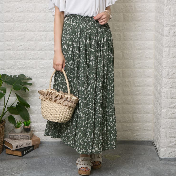 国産品 シフォン単色花柄 ロング消しプリーツスカート[品番 スカート
