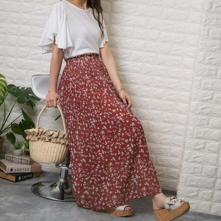 シフォン単色花柄 ロング消しプリーツスカート[品番
