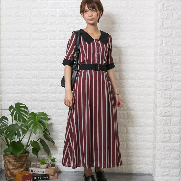 レジメンタルストライプ バイカラー(黒)ベルト付き ロング