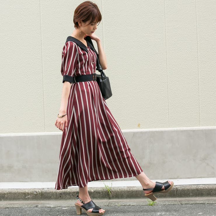 レジメンタルストライプ バイカラー(黒)ベルト付き ロング